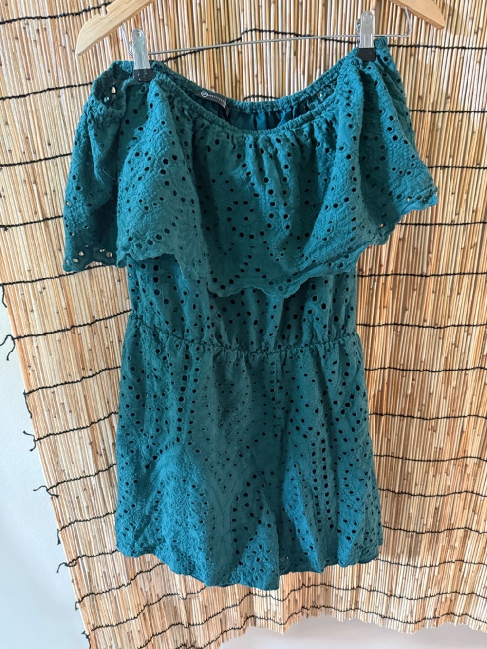 Off-Shoulder Eyelet shorta romper in  hunter Green